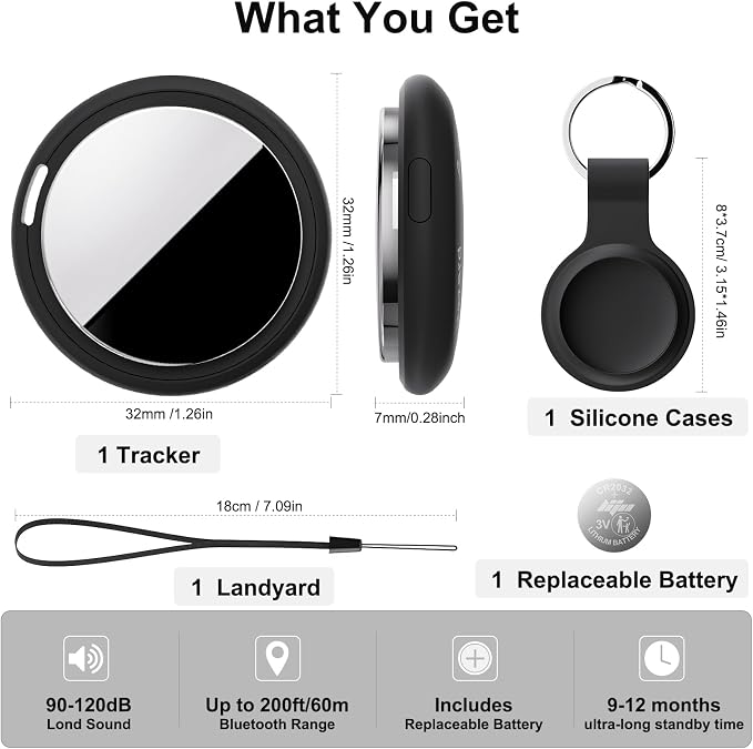 Air Tracker Tag Works with Apple Find My (iOS Only) Includes Replaceable Battery, Bluetooth Smart Item Locator Key Finder for Keys, Luggage, Wallet, Pet, Car, Bike (Black, 2-Pack)
