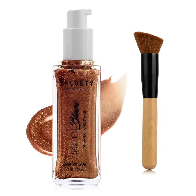 Shimmer Body Oil with Vitamin E, Body Glow Oil for Women, Long Lasting Waterproof & Moisturize for All Skin, Liquid Highlighter Makeup with Brush, Travel Size for Date, Wedding, Party, Bronze Gold