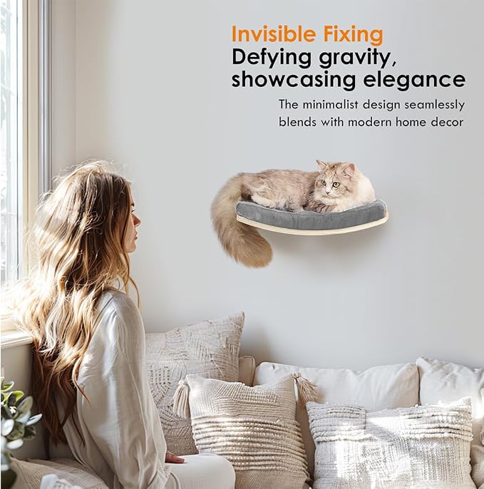 Curved Cat Shelves and Perches, Floating Cat Wall Bed with Comfortable Cushion