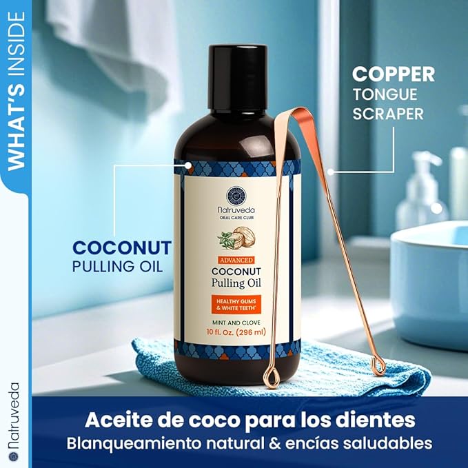 Natruveda Coconut Oil Pulling Mouthwash – Natural Whitening Ayurvedic Rinse | Fresh Mint Blend | Coconut Oil Pulling for Teeth & Gums | Whyte Oil Pulling | Aceite de Coco para Los Dientes -10 oz