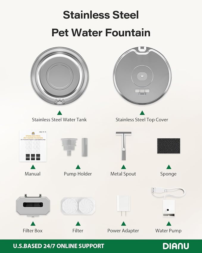 Stainless Steel Cat Water Fountain - 3.2L/108oz Cat Fountain for Drinking | Quiet Pet Water Fountain for Cats Indoor - Automatic Pet Water Bowl Dispenser - for Kitty & Small Dog