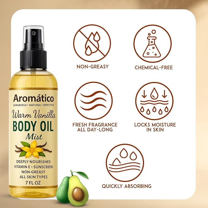 Aromatico Warm Vanilla Body Oil Mist for Women – 7 fl oz | Lightweight, Non-Sticky, Spray-on formula for Daily use After Shower | Moisturized, Soft, Glowing Skin | Cozy, Creamy Vanilla Scent