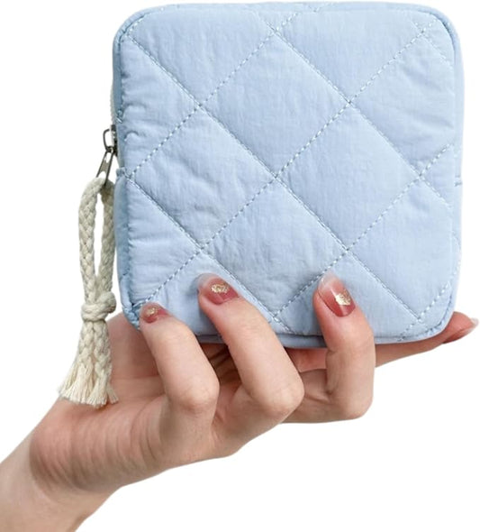 Small Makeup Bag | Discreet Period Bag Pad Pouch for Purse| Sanitary Napkin Storage & Tampon Holder for Travel (Quilted light blue)