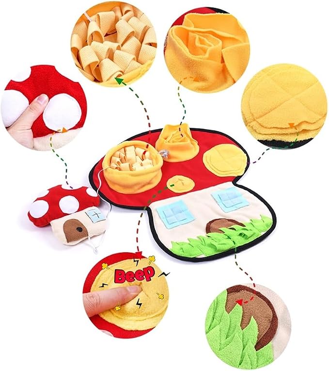 Vedem Small Animal Snuffle Mat Fleece Foraging Mats Interactive Feeding Toy Rabbit Guinea Pig Rat Hamster Anti Slip Treat Dispenser (Mushroom)