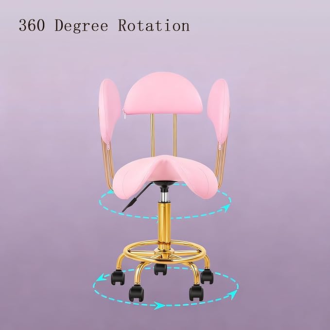 Saddle Chair Rolling Ergonomic Swivel Chair with Soft Comfortable Cushion and Wheels Hydraulic Adjustable Stool for Home Office Dental Tattoo Salon Shop Use with Backrest (Pink Gold)