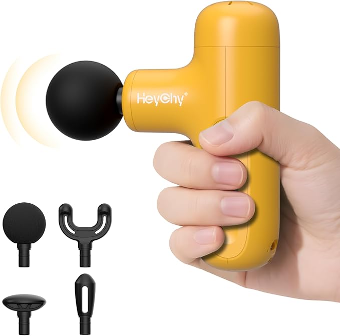 Super Mini Massage Gun Deep Tissue, Handheld Muscle Massager with 4 Heads, Percussion Travel Size Massager Gun for Back Pain Relief, Quiet for Home, Gym, Office, Gift for Men & Women, Yellow