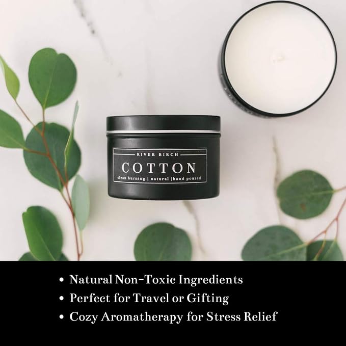 River Birch Candles Cotton Scented Candle | Premium, All-Natural, Non-Toxic, Soy Candles | 8 oz. Black Matte Tin Travel Candle | Cozy Relaxing Gifts for Home