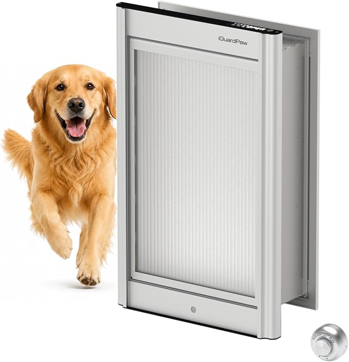 Automatic Dog Door for Wall, Smart Dog Door with Collar Sensor, L | aluminum, collar-activated, scheduled access, pet-only access, adjustable sensing range, anti-pinch, wall-mounted L, silver