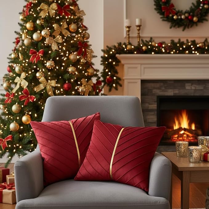 Velvet Throw Pillow Covers 20x20 inch Pack of 2 Gold Decor Red | Soft Solid Pillow Covers,Modern Luxury Xmas Decor,for Couch Chair Sofa Bedroom Livingroom,Hidden Zipper,Ideal Gift,Easy Care