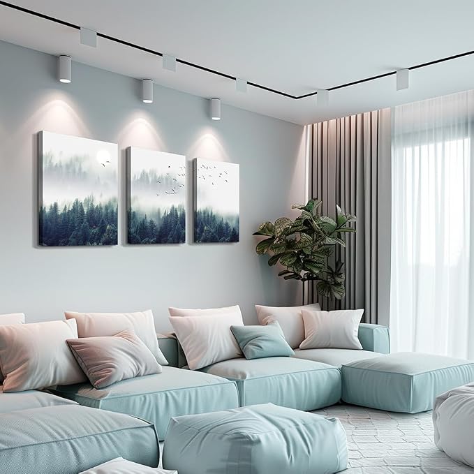 3 Piece Canvas Wall Art for Living Room Wall Decorations for Bedroom Office Wall decor Foggy forest Trees Landscape painting Stretched and Framed Ready to Hang pictures Home Decor 12"x16"x3 Panels