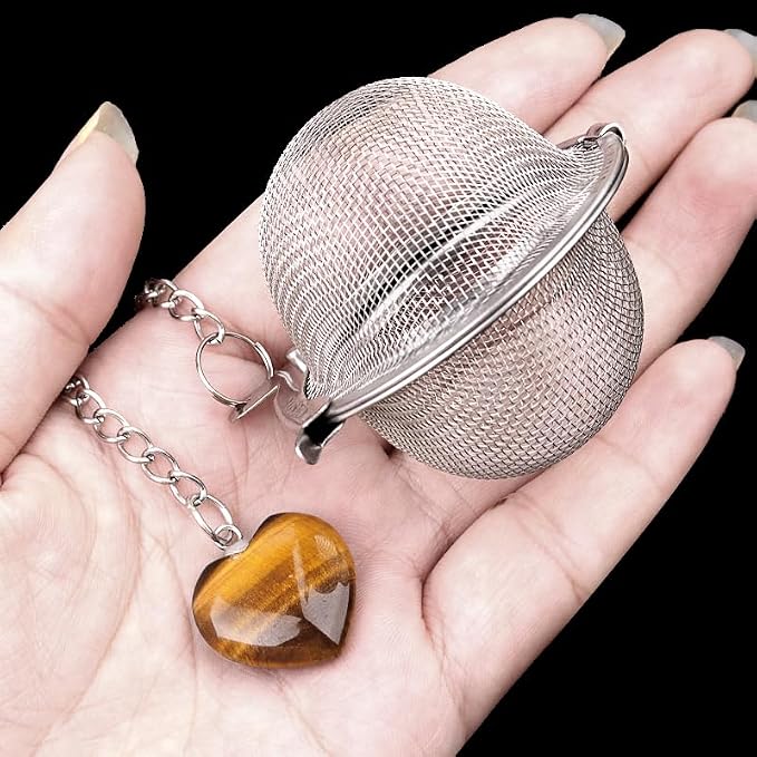 5 Pcs Stainless Steel Tea Ball Infusers with Heart Natural Crystal Charms, Fine Mesh Tea Strainers with Extension Chain & Hook for Loose Leaf Tea, Spices, Seasonings