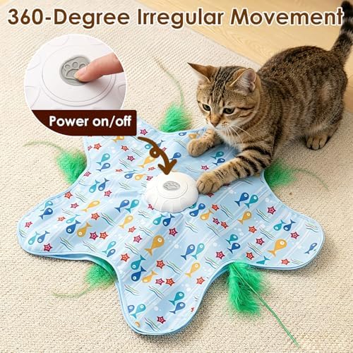 Interactive Cat Toys for Indoor Cats, USB Rechargeable Hide and Seek Automatic Feather Moving Kitten Toy with 2 Replaceable Wands, 3 Modes, 5-Min Auto-Sleep & Realistic Bird Sounds(Fish)