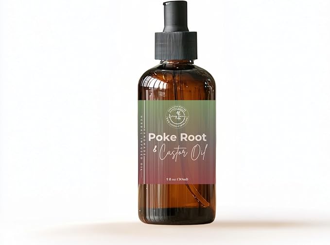 Organic Poke Root Castor Oil in Mess Free Glass Pump for Lymphatic Support | Cysts, Boils, Fibroids, Swollen Lymph Nodes, Breast & Joint | Handmade in The USA (1oz, Unscented)