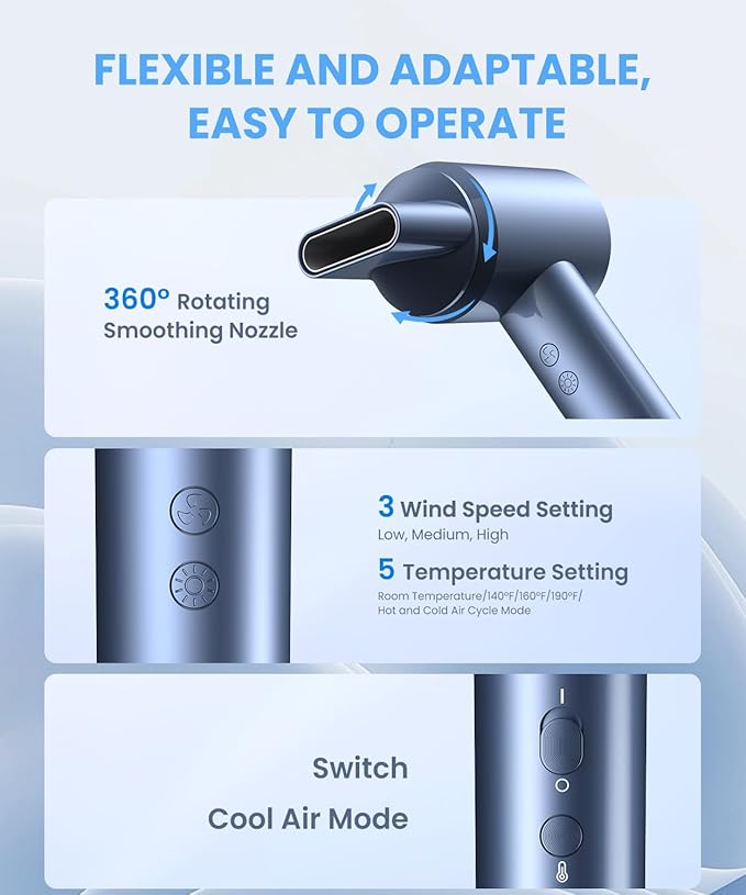 LAMPICK Hair Dryer, Ionic Blow Dryer, Professional High-Speed Hairdryer with 150,000 RPM Motor for Fast Drying, 5 Temps/3 Speeds Lightweight Hairdryer with Magnetic Nozzle for Home Travel Women Man