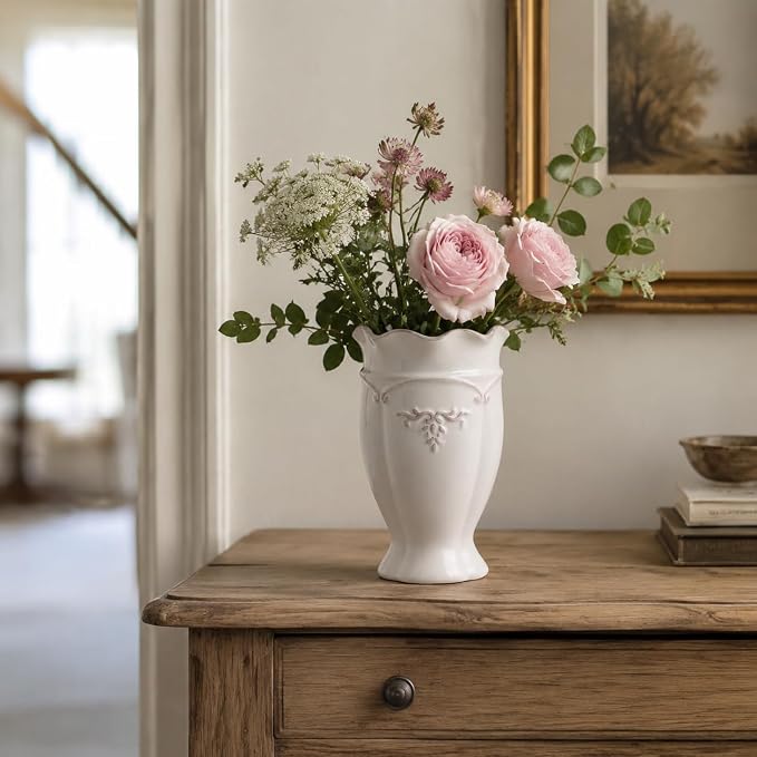 hjn White Ceramic Vase- French Flower Vase for Decor Small Vintage Vases for Flowers/Home Decoration/Kitchen/Table/Living Room/Shelf/Mantel/Office-Height-6.8"