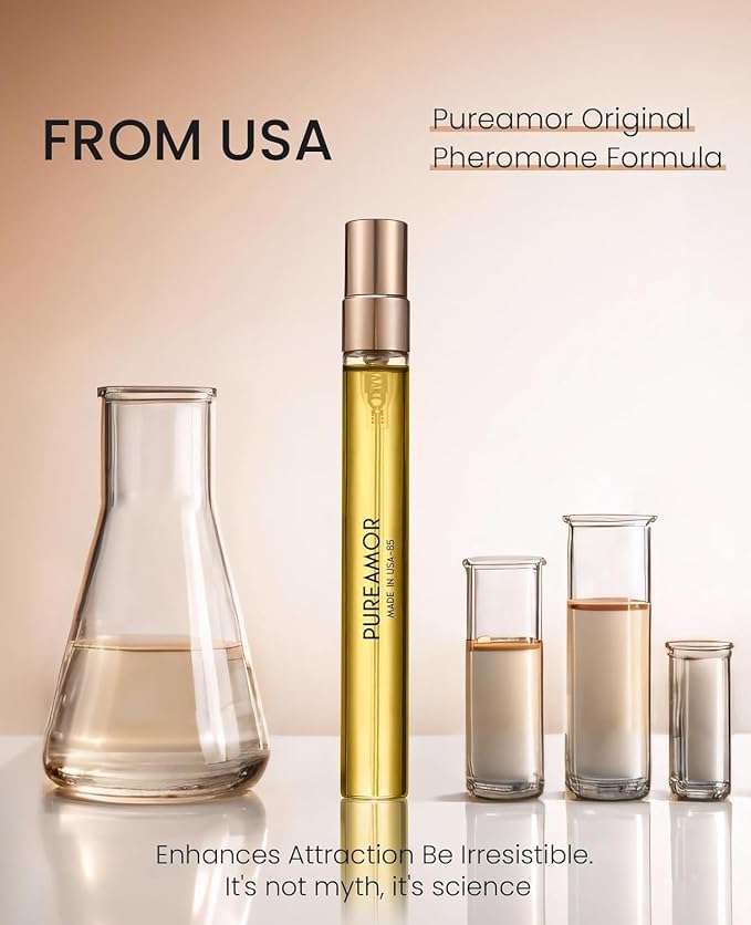 PUREAMOR Pheromone Cologne for Men - 10ml Alcohol-Free Spray Perfume Oil, Sweet Spicy Leather & Amber Notes, Long Lasting Intensely Concentrated Fragrance, Citrus & Patchouli, Travel Size (E07)
