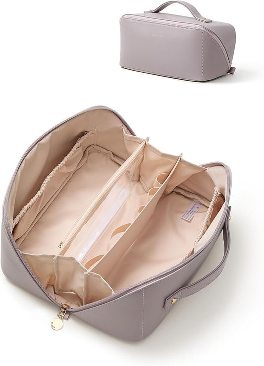 EACHY Travel Makeup Bag, Large Capacity Cosmetic Bag for Women, Waterproof PU Leather, Flat Open Portable Toiletry Bag for Skincare, Brushes & Travel Essentials