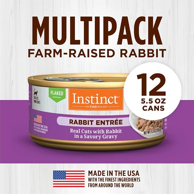 Instinct Flaked Entrees, Wet Canned Cat Food, Rabbit, 5.5 oz. (12 Count) | Tender flaked cuts in savory gravy, high protein, real rabbit, whole-food ingredients, grain-free, hydration support