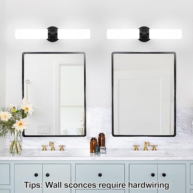 Wall Sconces Set of Two, Matte Black Bathroom Sconces Wall Lighting with Milky White Glass, Hardwired Modern Sconces Wall Decor Set of 2 Bathroom Light Fixtures for Mirror Living Room Hallway Bedroom
