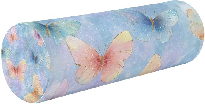 Neck Roll Pillow Bolster Pillows Round Health Memory Foam Long Cervical Cylinder Body Removable Washable Cover Bed Legs Back Yoga Butterfly Blue Pink
