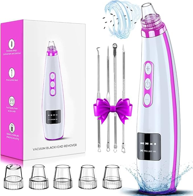 Blackhead Remover Pore Vacuum, Blackhead Vacuum, Facial Pore Cleaner with 5 Adjustable Suction Levels, 5 Probes, USB Rechargeable Pore Cleaner, Electric Comedone Whitehead Extractor Tools Kit