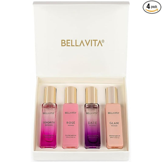 Bellavita Luxury Women's Perfume Gift Set with Rose, Senorita, Date, and Glam | 80ml | Perfume for Women | Pink Pepper, Yuzu and Floral Peach | Long Lasting Fragrance |Mother's day present