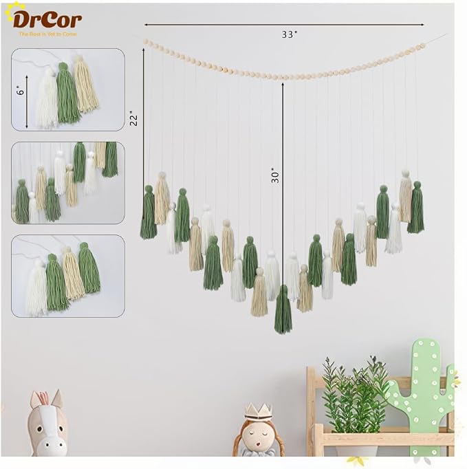 DrCor Sage Green Boho Tassel Garland Wall Hanging Decor | Handcrafted yarn fringe for classroom, dorm, baby shower and farmhouse styling. Lightweight, easy to hang, reusable.