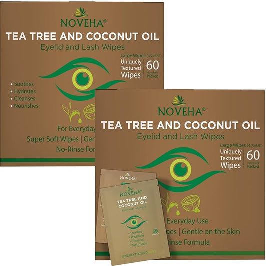 NOVEHA 120PCs Tea Tree & Coconut Oil Eyelid & Lash Wipes - For Demodex, Blepharitis & Itchy Eyes, Individually Wrapped Eyelash Wipes With Aloe Vera, Natural Makeup Remover & Daily Eye Cleanser - 2pack