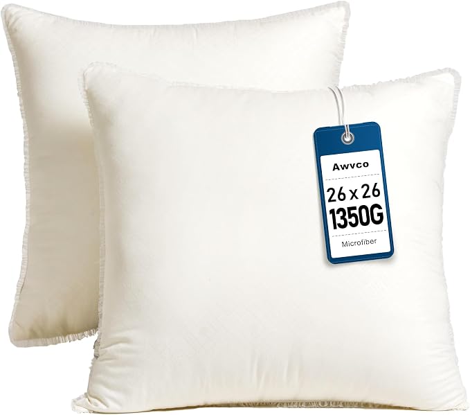 26 x 26 Throw Pillow Inserts with Lace Edge | Soft and Plush, Virgin Fiber Filling, Decorative Pillows for Couch Sofa Bed, Machine Washable - White, Pack of 2
