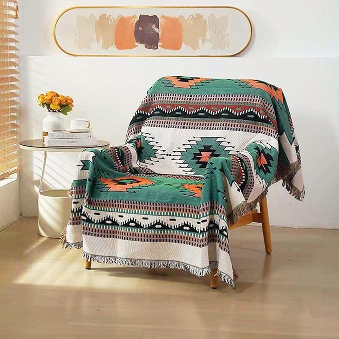 Homesy Aztec Throw Blanket Native Southwestern Bed Blankets 51"x63" Green | Southwest Decor,Boho Style,Sofa Chair Cover,Outdoor Beach Car Tent Travel Camping Use,Tapestry,Reversible and Tassels
