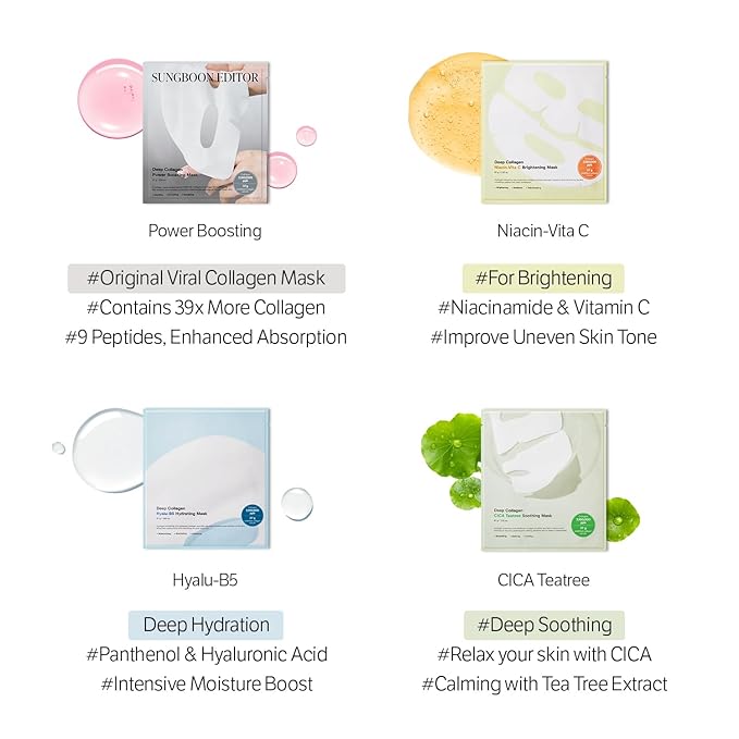 SUNGBOON EDITOR Deep Collagen CICA Tea Tree Overnight Mask | Acne Mask for Redness & Soothing | 2,160,000PPB Collagen + Tea Tree + Centella | Korean Skincare, 4ea | Gifts for Women