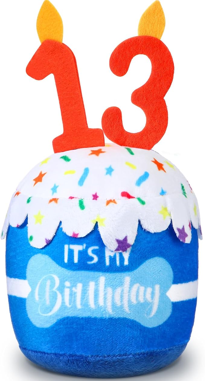 Dansydaisy Dog Birthday Cake Toy Squeaky Plush Gift,13th,Blue
