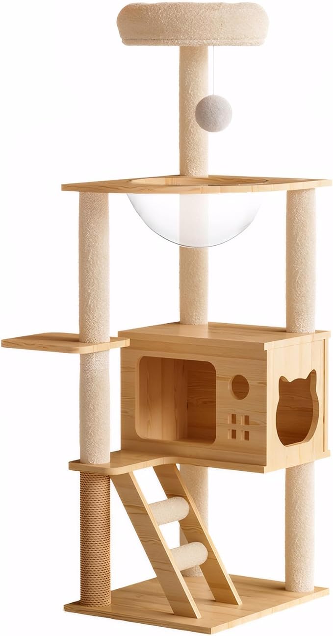 Cat Tree & Litter Box Enclosure,Modern All-in-one Indoor Cats Tower with Large Platform, Cat Condo with Wood House, Food Station, Hammocks (45.8“)