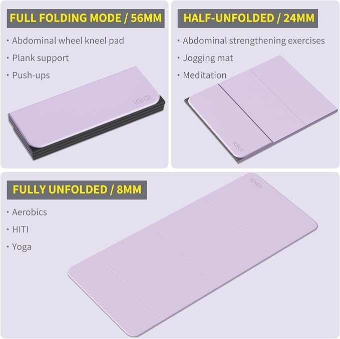 Foldable Extra Large Yoga Mat 74"×31.5", 8mm Double-Sided Non Slip Lightweight Fitness Mat for Adults & Kids, Portable for Home Studio & Travel