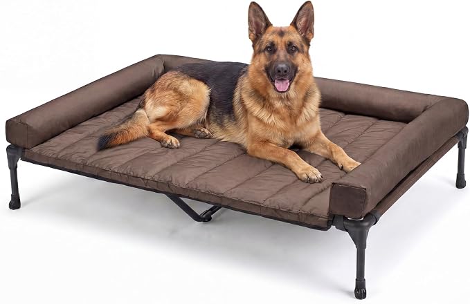 Veehoo Outdoor Elevated Dog Bed with Waterproof Bolster Cushion, Cooling | Raised Dog Bed with Removable & Washable Mat Topper, Breathable Mesh, Dog Couch Cot for Indoor Outdoor, 53", Large, Brown