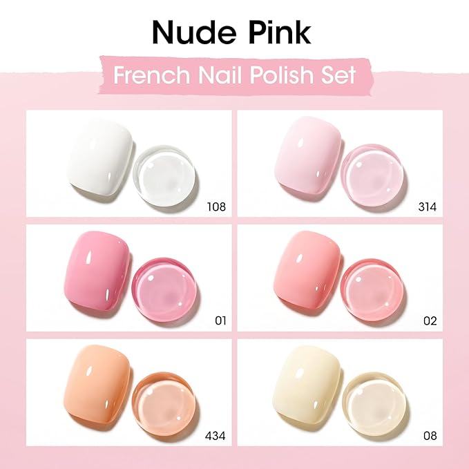 GELLEN Nude Pink French Nail Polish, Quick Air Dry Non-gel Regular Nail Polish No Light Needed for Finger Toe & Fake Nails | 6-color Spring Summer, Apply 2 Thin Coats | Toxin TPO HEMA Free, No Chip