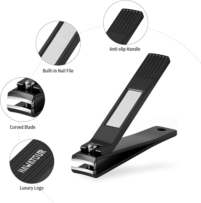HAWATOUR Nail Clippers Set, Ultra Sharp Curved Blade Fingernail and Toenail Clipper Cutters with Visibly Tin Case, Squares and Stripes, Black