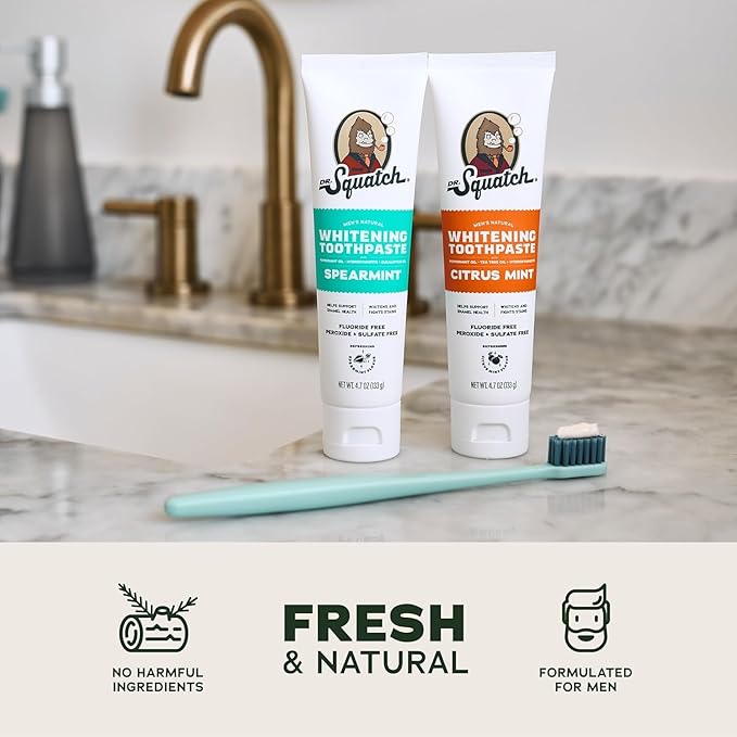 Dr. Squatch Hydroxyapatite Toothpaste Whitening - Natural, Fluoride-Free Toothpaste - Enamel Support - Day & Night Set - Citrus Mint & Spearmint, (4.7 oz, 2-Pack)