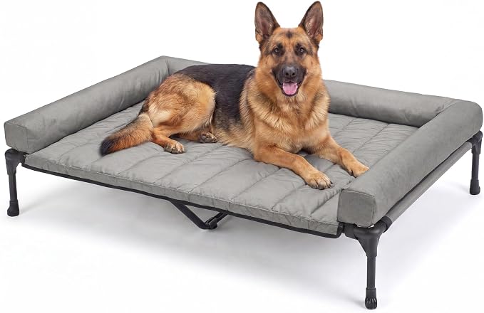 Veehoo Outdoor Elevated Dog Bed with Waterproof Bolster Cushion, Cooling | Raised Dog Bed with Removable & Washable Mat Topper, Breathable Mesh, Dog Couch Cot for Indoor Outdoor, 53", Large, Grey
