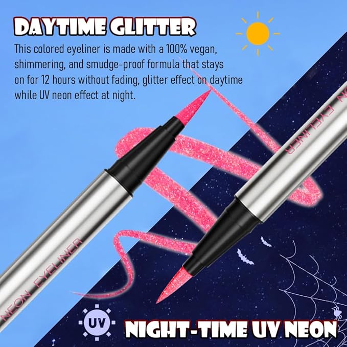 evpct Pink Shimmer Eyeliner UV Neon Gel Eyeliner Pencil Makeup, Rainbow Halloween Colored Colorful Gel Eye Liner Pen Glow in Dark Makeup, Long Lasting Waterproof Eyeliners for Face Body Painting