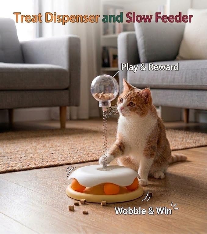 Wobble Treat Dispenser Cat Toy - Spring Ball and Interactive Track Base