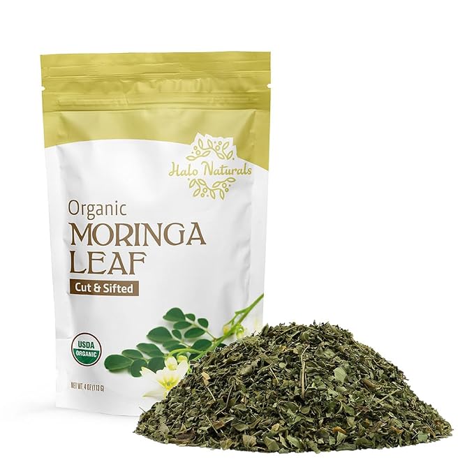Halo Naturals Organic Moringa Leaf Cut & Sifted, 4 Ounces (Moringa oleifera) USDA Certified | Resealable Pouch| Packaged in The USA