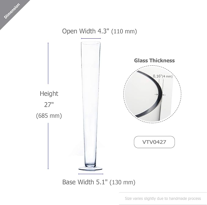 WGV Trumpet Glass Vase, Open 4", Height 27", (Multiple Sizes Choices) Clear Tall Pilsner Floral Planter Container Centerpiece, Wedding Event Home Decor, 1 Piece (VTV0427)