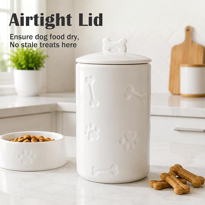 Dog Treat Container Airtight - 9"x5" Ceramic Big Treats Jar with Lid(White)