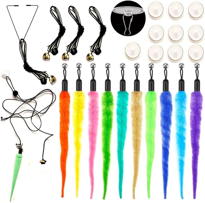 Door Hanging Cat Toys with Suction Cups, Interactive Hanging Feather & Plush Cat Toy with Bell, Assorted Replaceable Refills for Indoor Kitten Hunting Exercise (Caterpillar Set (10Pcs))