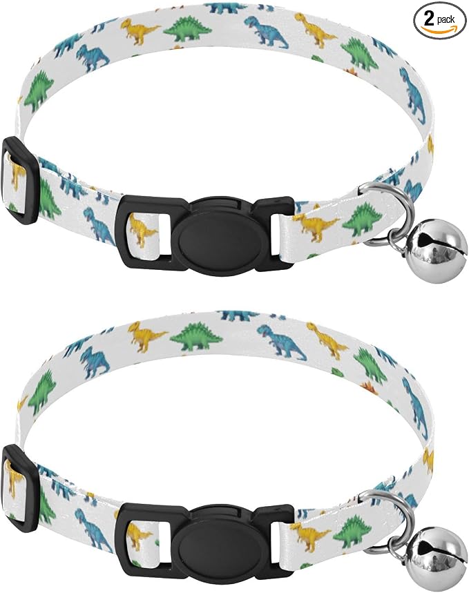 Colorful Cartoon Dinosaurs Dog Collar 2 Pack Soft Polyester Pet Collar Adjustable Length 10.6" to 17.1"