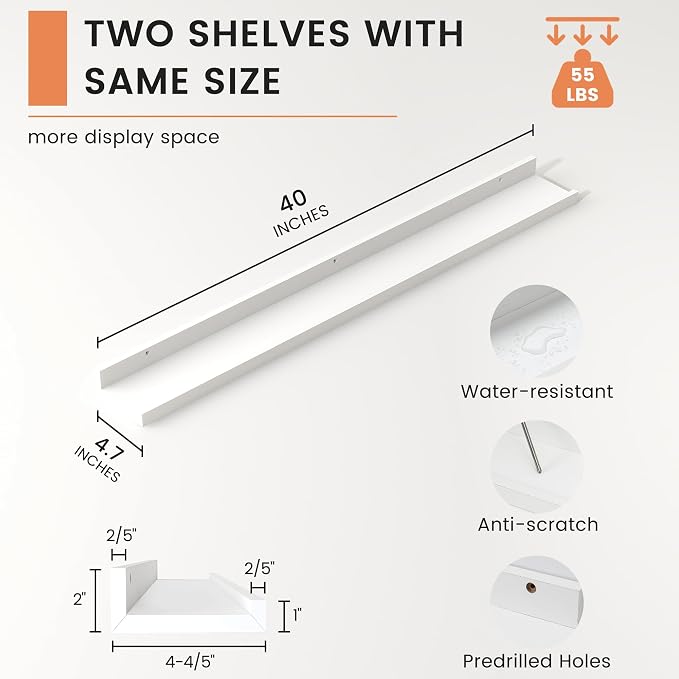 Picture Ledge Shelf, Floating Shelves for Wall, 40" W Set of 2, White | FSC Certified Engineered Wood, Wall Mounted Bookshelf, for Nursery Living Room Bedroom, Pre-Drilled, Easy Install