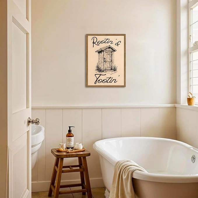 Cute Western Bathroom Wall Art Vintage Southwest Rustic Restroom Wall Decor Painting, Western Cowboy Ranch Toilet Rootin Tootin Poster Canvas Print Picture 12x16 inch Wood Framed