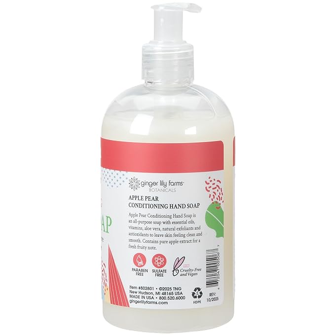 Ginger Lily Farms Botanicals Conditioning Liquid Hand Soap Refill, 100% Vegan & Cruelty-Free, Apple Pear Scent, 12 Fl Oz (Pack of 6)