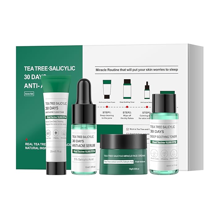 Tea Tree Salicylic Acid Facial Skin Care Set, Travel Size Set Cystic Hormonal Acne Treatment Face Wash Cleanser, Facial Toner Cream Moisturizer Travel Essentials for Pimple